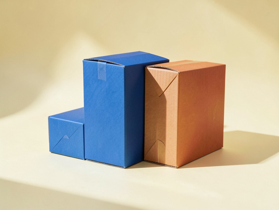 Cajas de cartón en tonos kraft y azul, fotografiadas en estudio